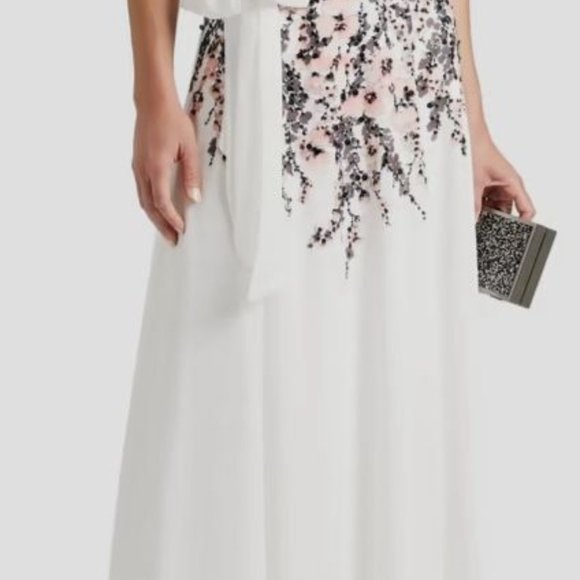 Badgley Mischka Women's White Embellished Printed Crepe De Chine Gown Size 2 - Picture 8 of 10